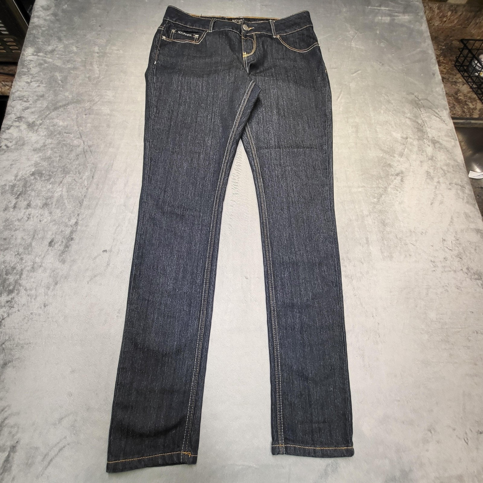 Rocawear Jeans Womens 14 Blue Skinny Slim Stretch Dark Wash Embroidered